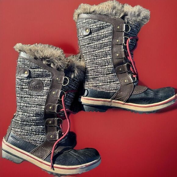 SOREL Snow boots fur trim brown Tall Tweed Leather sz 8.5 womens - Picture 1 of 5